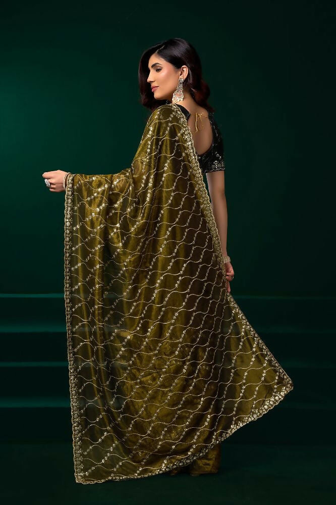Joban Fashion Mehandi Green Net Party Wear Sarees | Grocsy