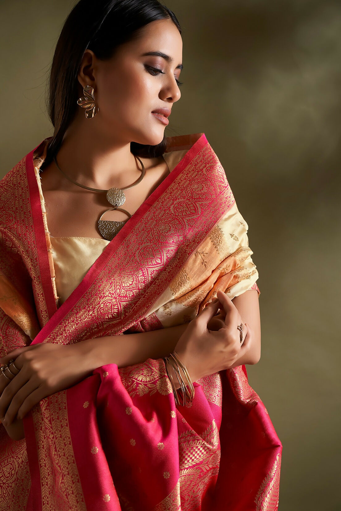 Joban Fashion Cream & Orange Plain With Weaving Border Banarasi Silk Sarees | Grocsy