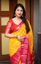 Yellow Jute Silk Printed Saree with Unstitched Blouse - Hiral Fashion | Grocsy