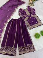 Teeya Creation Girls Heavy Embroidery Purple Ethnic Kurta And Palazzo Set With Net Dupatta | Grocsy