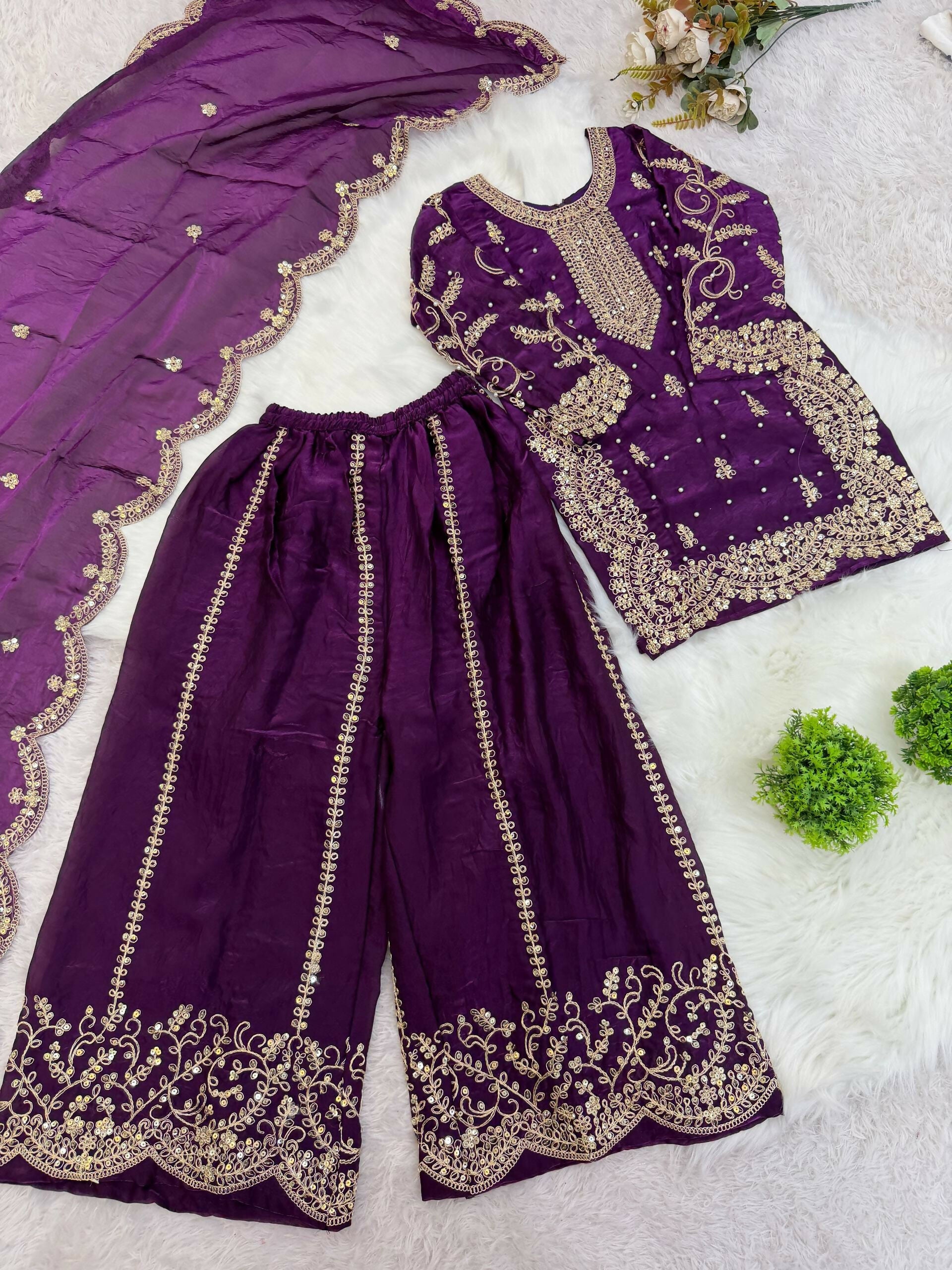 Teeya Creation Girls Heavy Embroidery Purple Ethnic Kurta And Palazzo Set With Net Dupatta | Grocsy