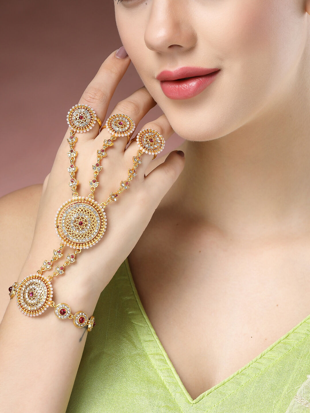 NVR Women's Gold-Polished CZ Stone-Studded Handcrafted Ring Bracelet | Grocsy