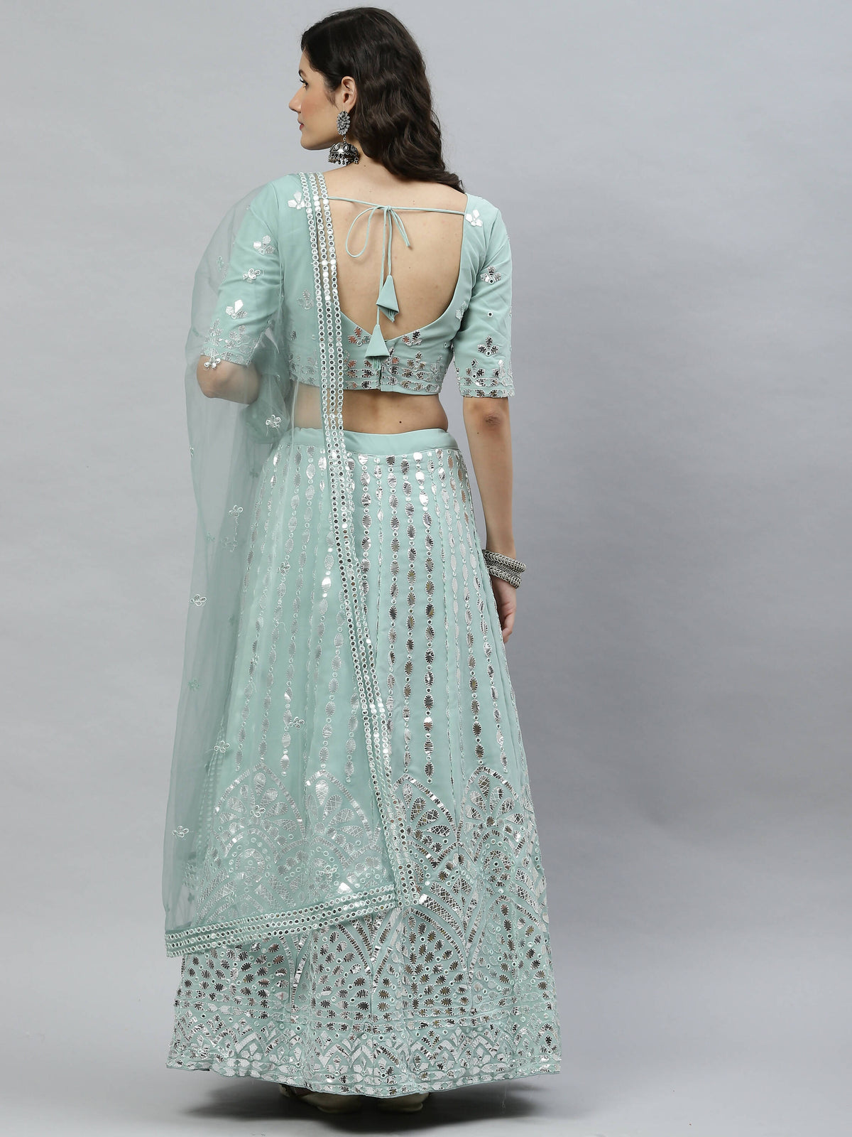 Pista Green Georgette Paper Mirror Embroidery Work Lehenga Choli with Dupatta - Jivika | Grocsy