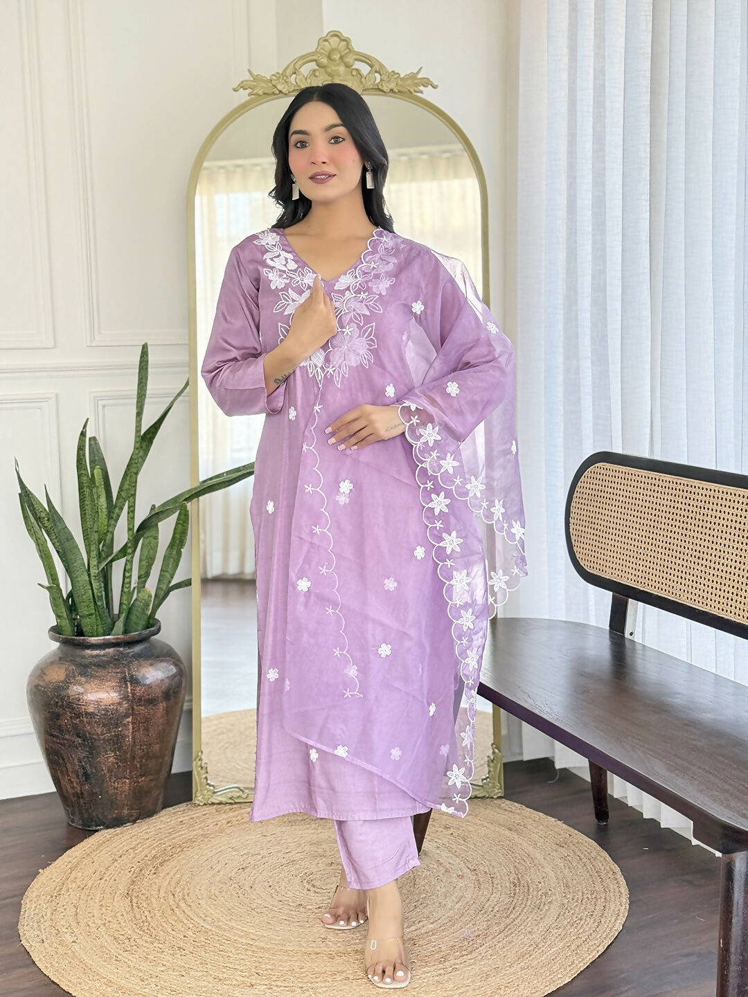 The52 Women Beautiful Thread work Rayon Fabric with Straight Kurta, Pant and Dupatta Set | Grocsy