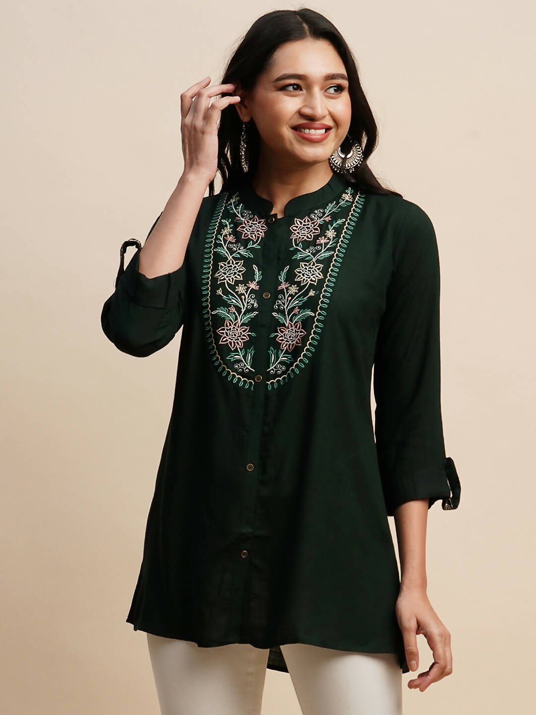 Dark Green Rayon Embroidered Top - Tarini | Grocsy