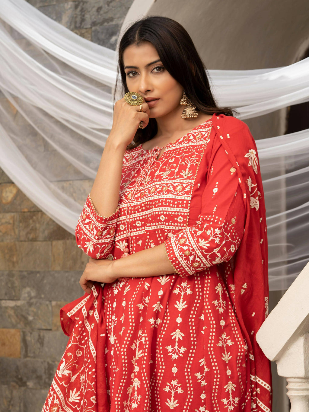Red Cotton Cambric Printed with Sequins work Anarkali Kurta with Pant & Dupatta - Akashara | Grocsy