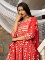 Red Cotton Cambric Printed with Sequins work Anarkali Kurta with Pant & Dupatta - Akashara | Grocsy