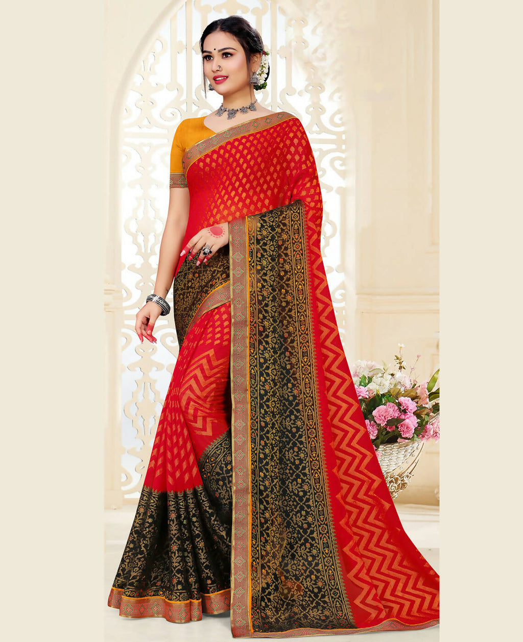 Red & Black Chiffon Brasso Printed Saree With Unstitched Blouse Piece - Jyoti | Grocsy