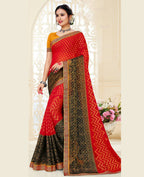Red & Black Chiffon Brasso Printed Saree With Unstitched Blouse Piece - Jyoti | Grocsy