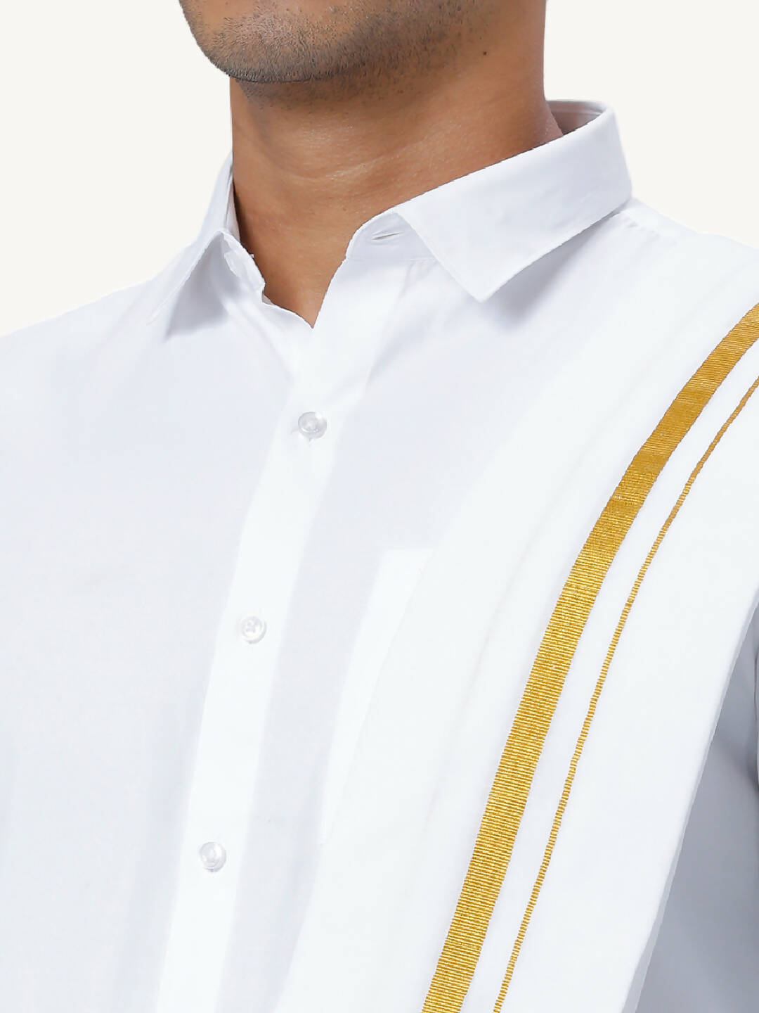 Ramraj Cotton Mens Wedding White Regular Dhoti, Shirt & Towel Set Subhakalyan 1/2" | Grocsy