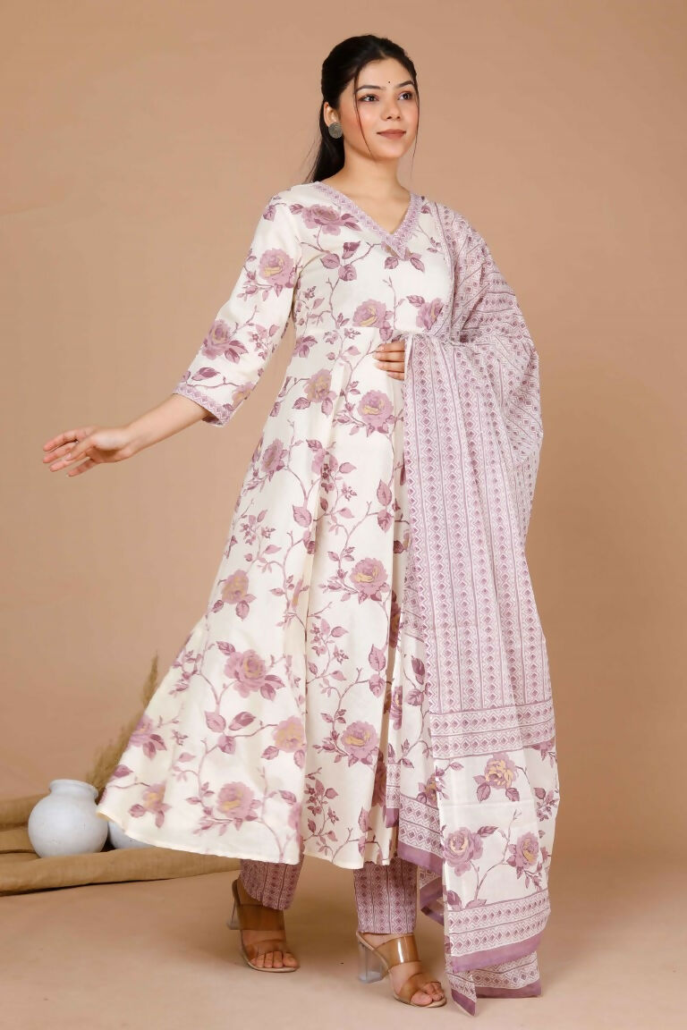 Miravan Women's Pink Floral Print Anarkali Kurta With Palazzo & Dupatta Set | Grocsy