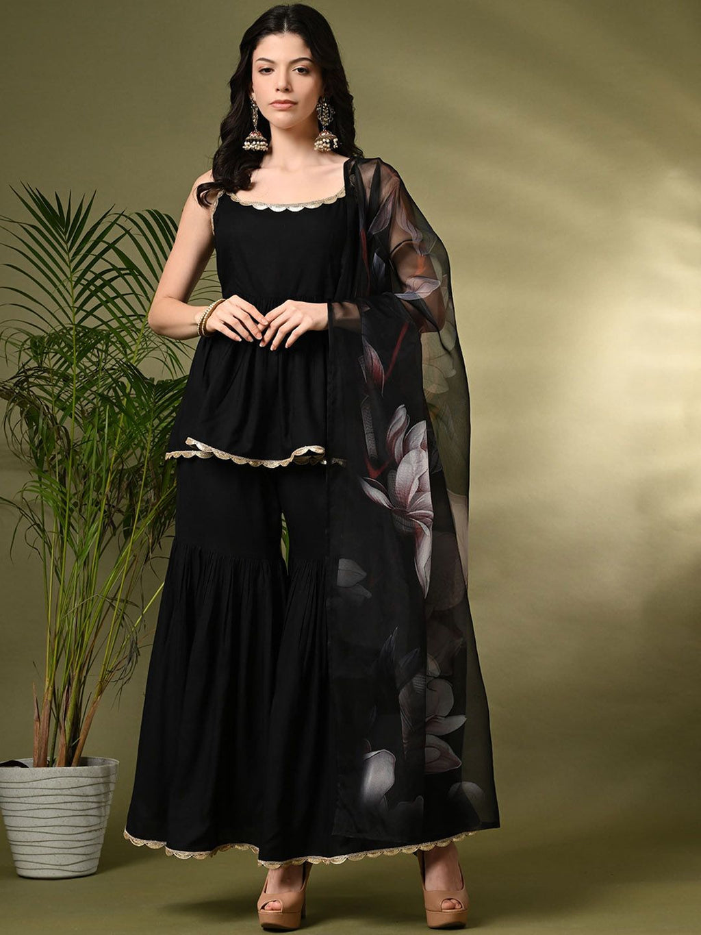 Sangria A-Line Kurti With Sharara & Dupatta | Grocsy