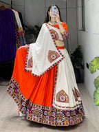 Yash Enterprise Orange White Rayon Cotton Embroidery Semi Stitched Navratri Top Chaniya Choli | Grocsy