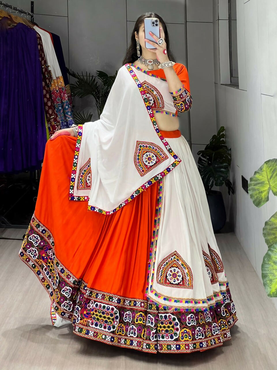 Yash Enterprise Orange White Rayon Cotton Embroidery Semi Stitched Navratri Top Chaniya Choli | Grocsy