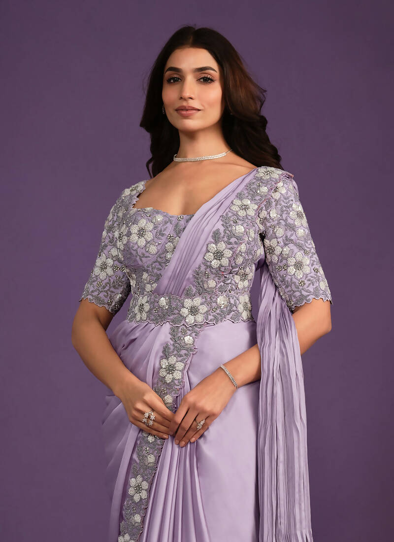 Lavender Crepe Satin Silk Embroidered Saree With Stitched Blouse - Mohmanthan Exotica | Grocsy
