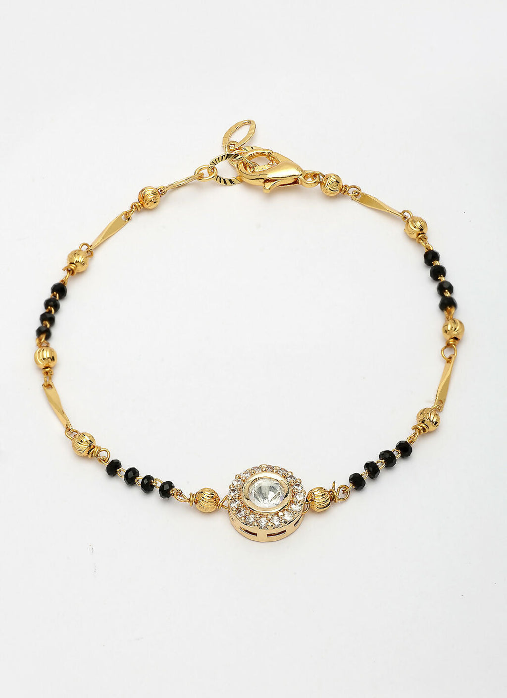 NVR Women Gold-Polished & Black Brass AD-Studded Hand Mangalsutra Link Bracelet