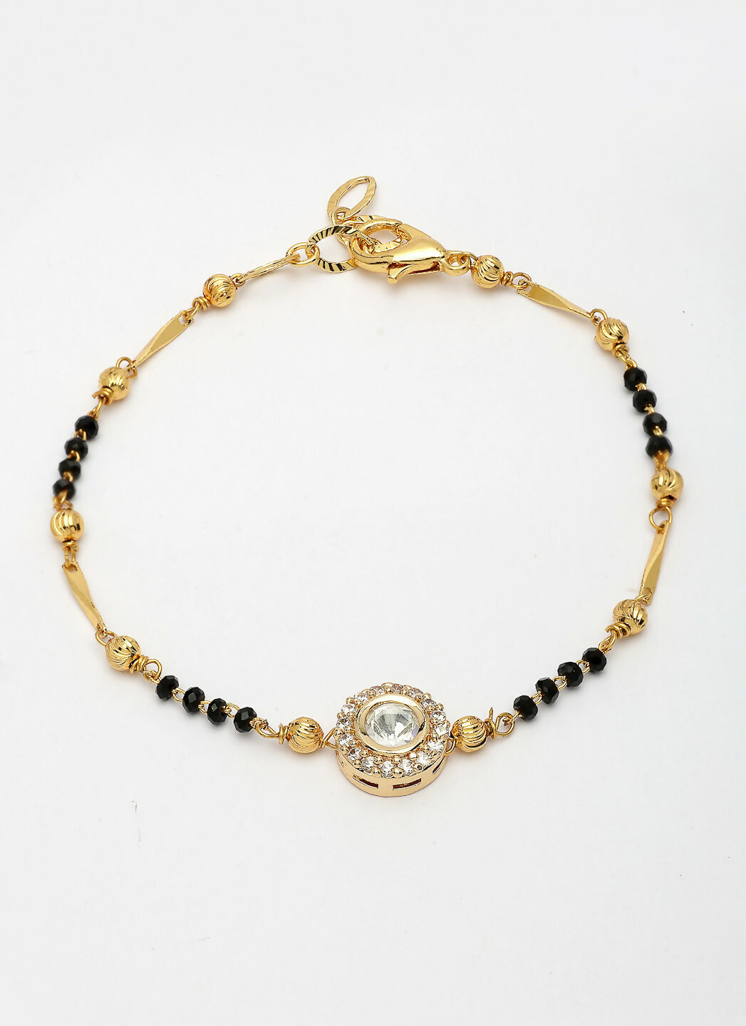 NVR Women Gold-Polished & Black Brass AD-Studded Hand Mangalsutra Link Bracelet