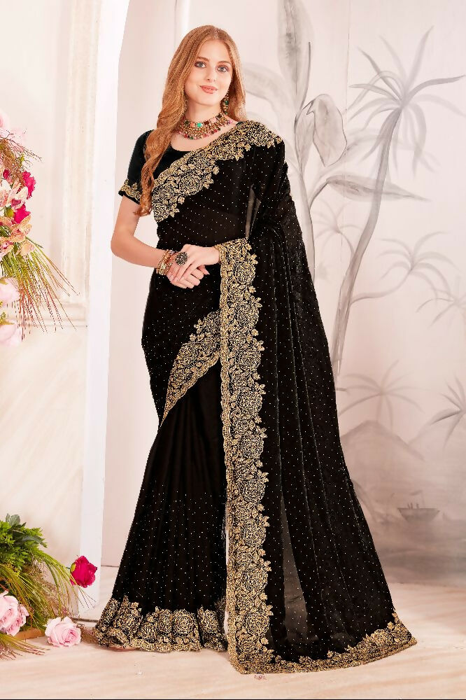 PR Fashion Black Fendi Two Tone Silk Heavy Zari & Resham Embroidery Work With Heavy Zircon Work Saree | Grocsy