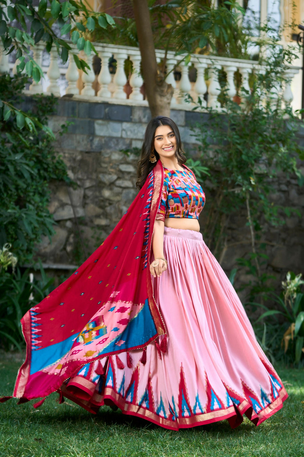 Vastranavya Luxurious Tussar Silk Print With Foil Work Lehenga Choli - Peach | Grocsy