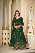 Jyoti Fashion Women's Bottle Green Georgette Embroidered Anarkali Kurta Pant Set With Dupatta | Grocsy