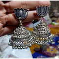 MS Fashion India Lotus Design Traditional Tribal Oxidized Silver Jhumka Earrings | Grocsy
