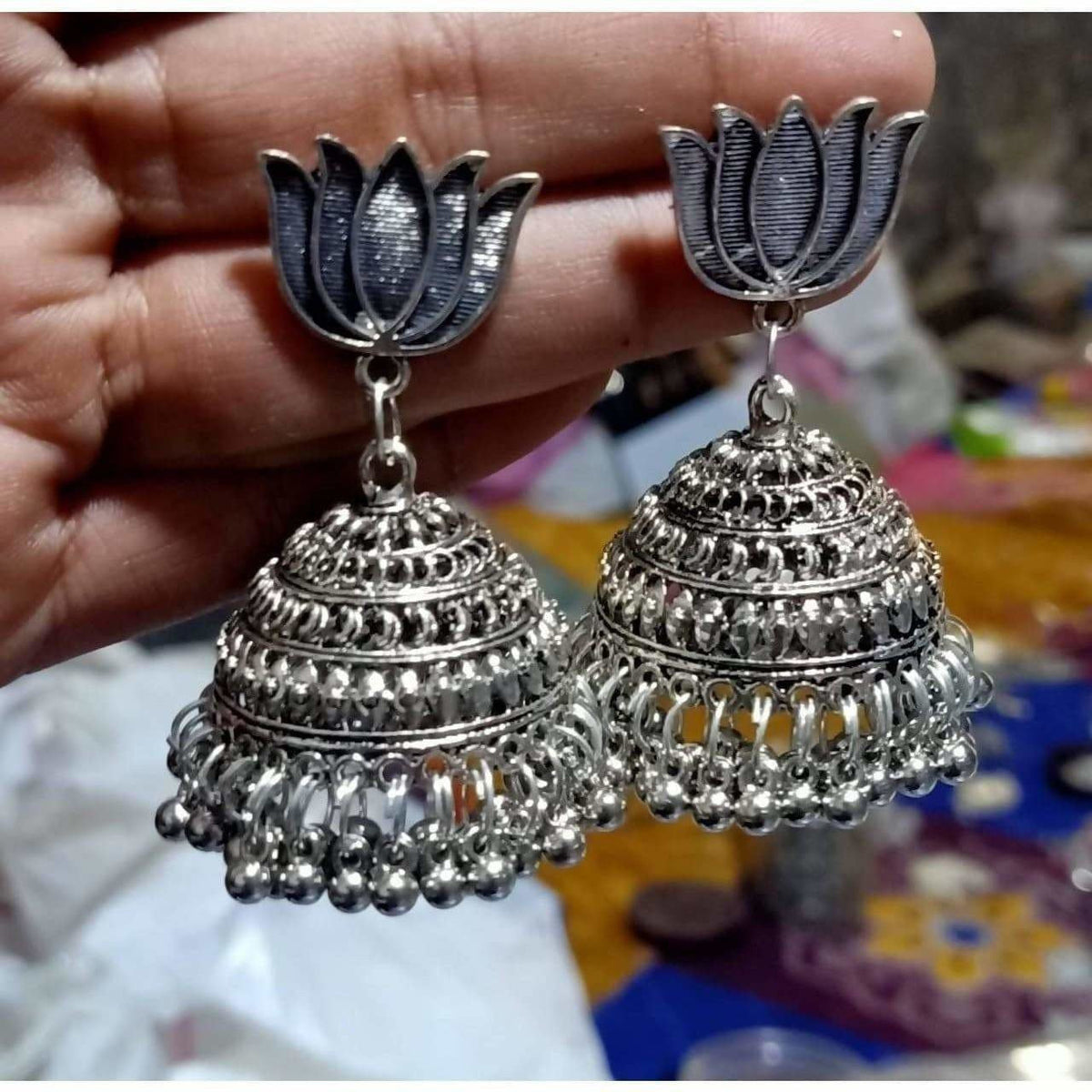 MS Fashion India Lotus Design Traditional Tribal Oxidized Silver Jhumka Earrings | Grocsy