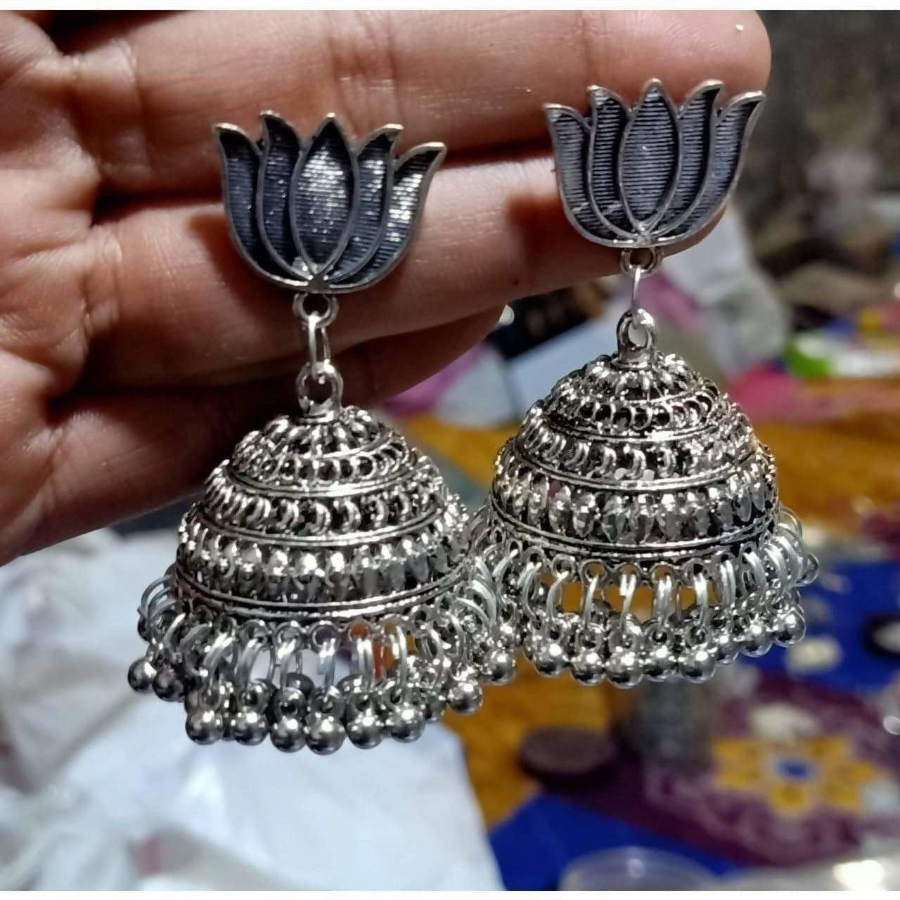 MS Fashion India Lotus Design Traditional Tribal Oxidized Silver Jhumka Earrings | Grocsy