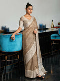 Shree Shyam Fashion Elegant Beige Woven Linen Saree with Contrast Zari Border & Tassels - Soft & Breathable Party Wear | Grocsy