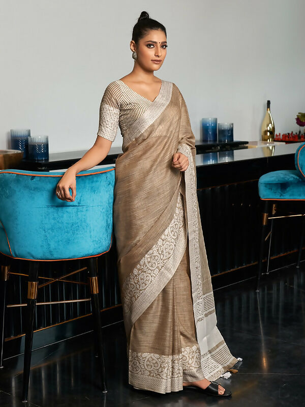 Shree Shyam Fashion Elegant Beige Woven Linen Saree with Contrast Zari Border & Tassels - Soft & Breathable Party Wear | Grocsy