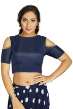Aastha Fashion Women's Navy Blue Art Silk Cold Shoulder Sleeve Readymade Blouse | Grocsy