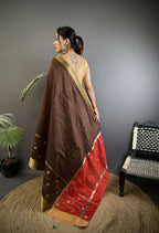 Joban Fashion Chocolate Brown Bhagalpuri Cotton Silk Stripes/Box Saree | Grocsy