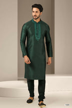 Raivat Ethnic Banarasi Art Silk Mirror Work Kurta Pajama In Dark Green Colour | Grocsy