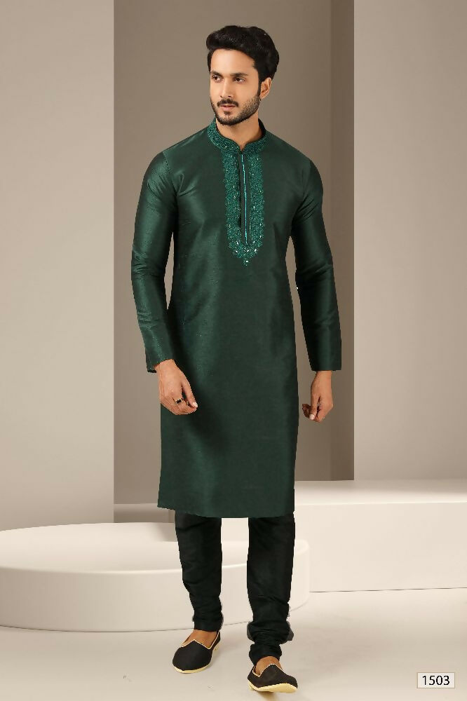 Raivat Ethnic Banarasi Art Silk Mirror Work Kurta Pajama In Dark Green Colour | Grocsy