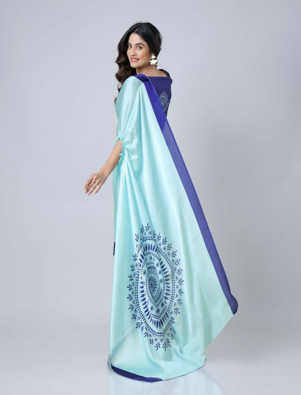 Vastranavya Sky Blue Mandala Print Free Hand Ready to Wear Saree | Grocsy