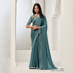 Sea Green Crepe Satin Silk Sequence & Handwork Saree With Unstitched Blouse - Norita Saanjh | Grocsy