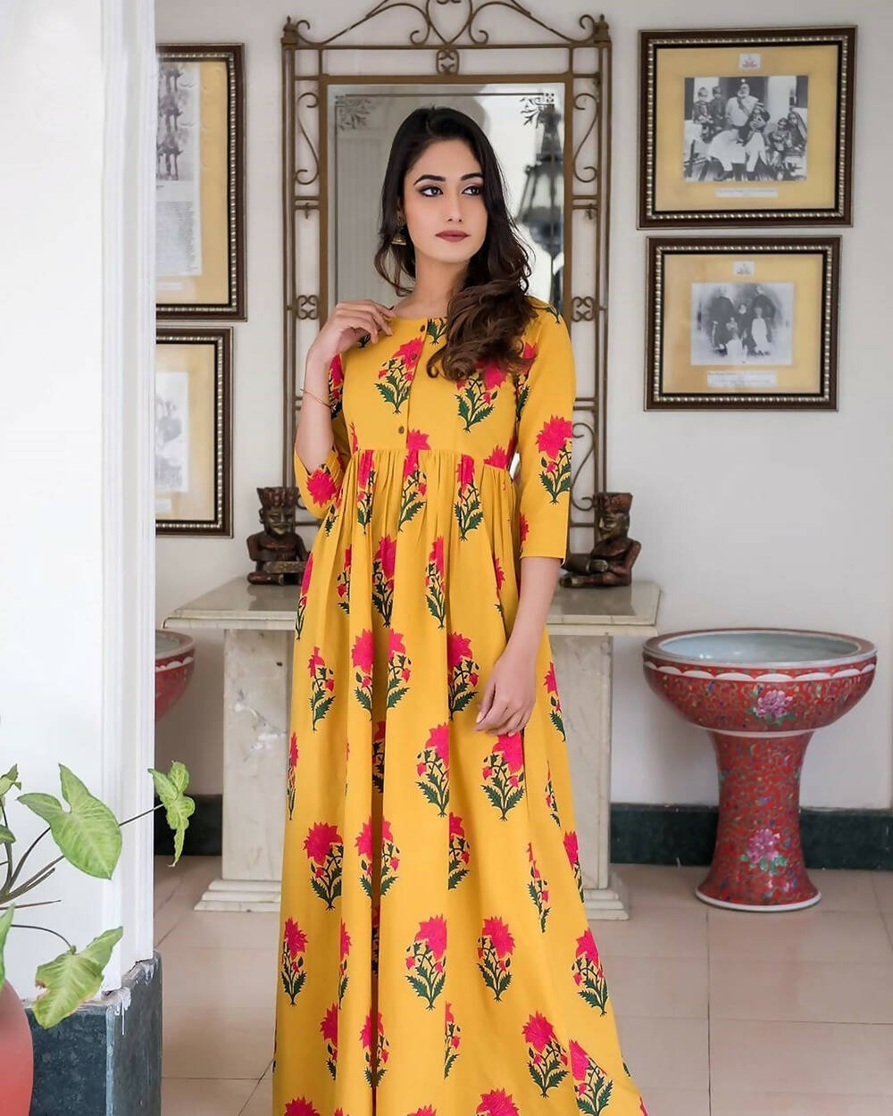 Partywear Designer Gold Yellow Pure Maslin Gown - Anbazaar | Grocsy