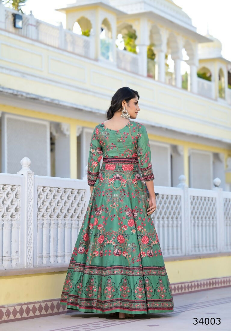 Partywear Designer parrot Dola Silk Anarkali suit with Dupatta - Suzen | Grocsy