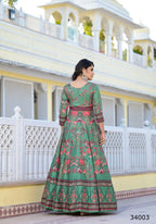 Partywear Designer parrot Dola Silk Anarkali suit with Dupatta - Suzen | Grocsy