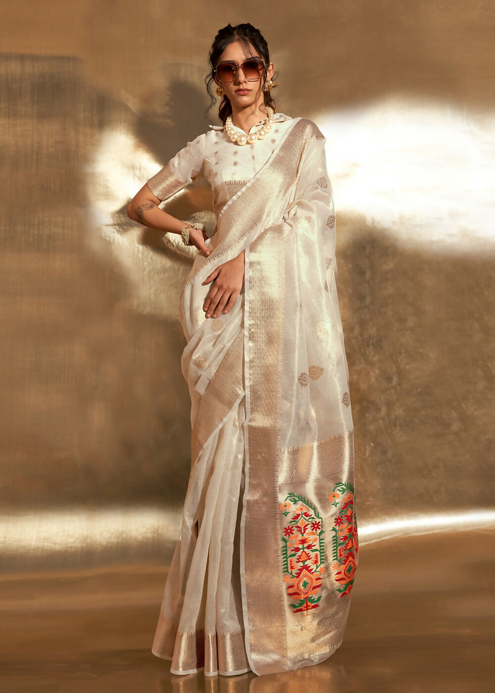 Off White Handwoven Tissue Fabric Festive & Party Style Saree - Emponline | Grocsy