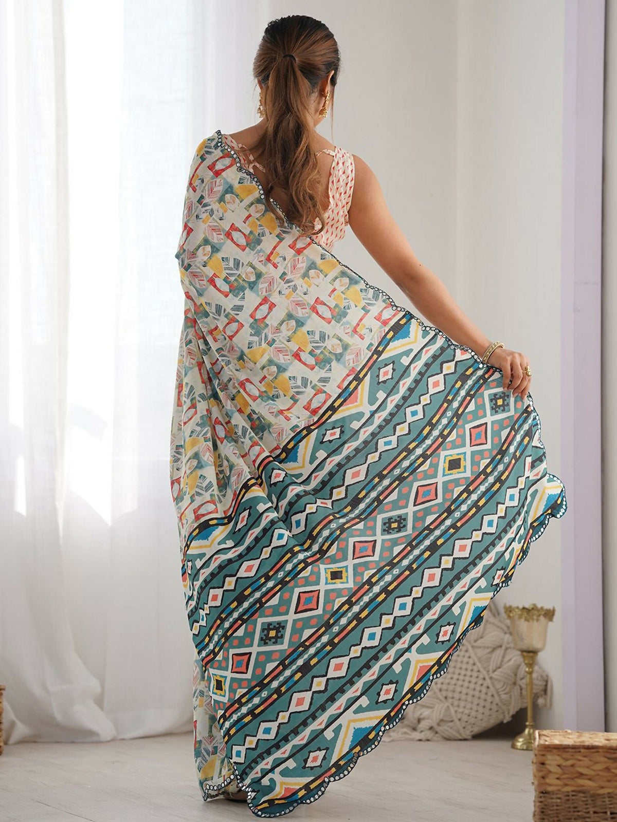 Designer Partywear Georgette White Fancy Saree - Durga | Grocsy