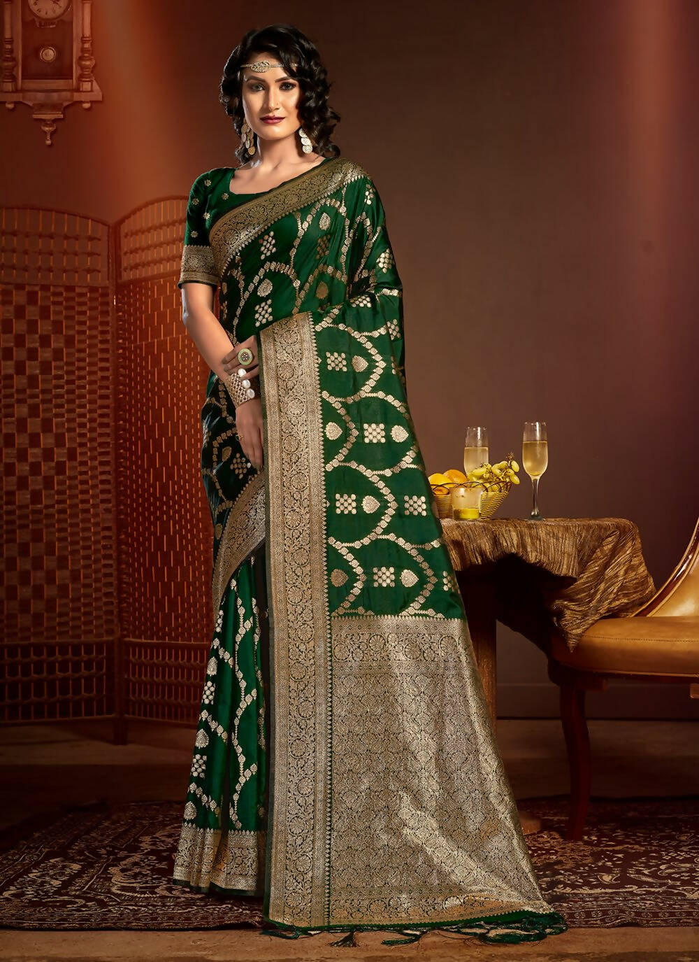 Dark Green Silk Ethnic Motif Woven Design Saree with Unstitched Blouse Piece - Aachal | Grocsy
