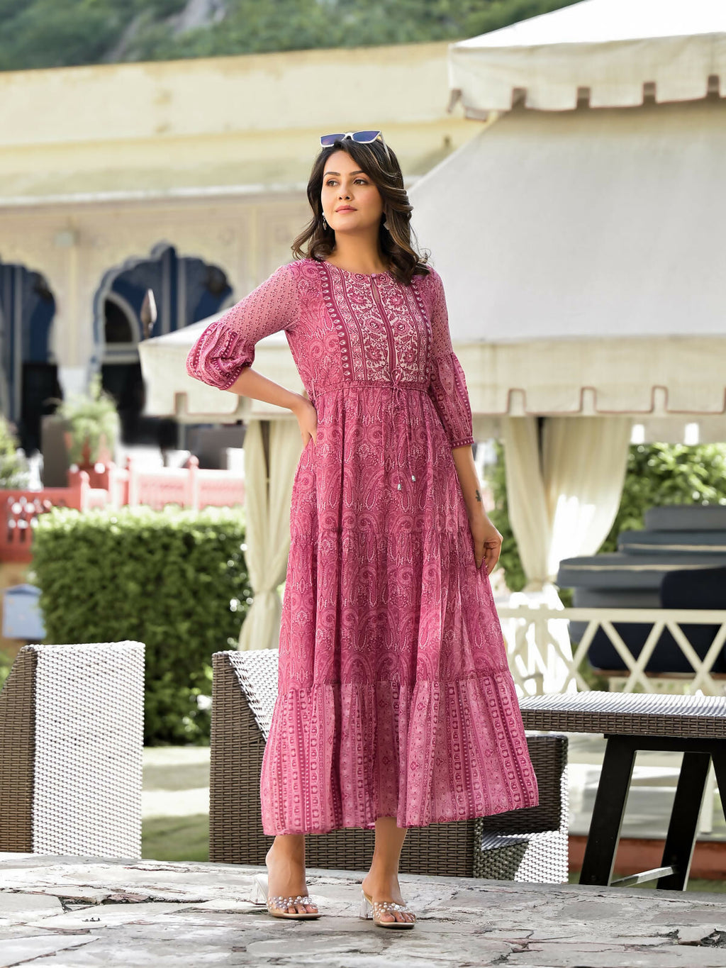 Juniper Women's Onion Pink Ethnic Motif Printed Georgette Gathers Maxi Dress With Sequins & Doris | Grocsy