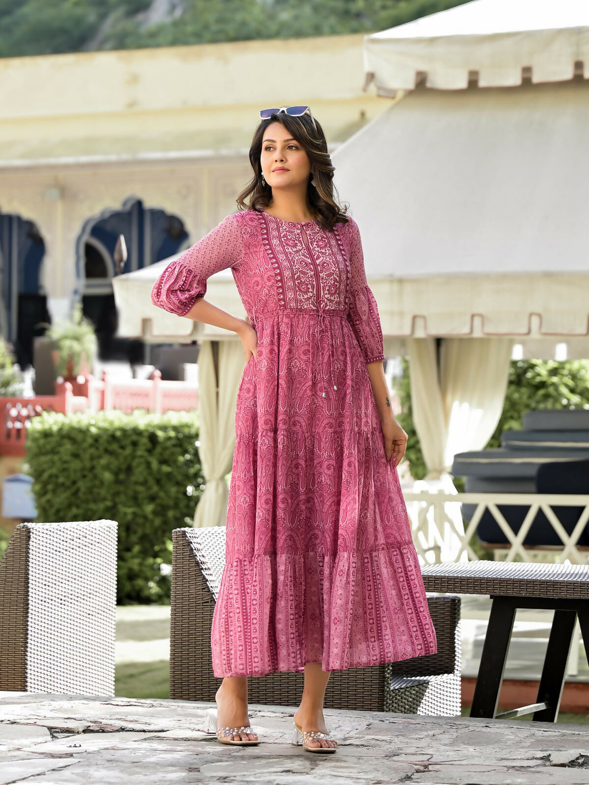 Juniper Women's Onion Pink Ethnic Motif Printed Georgette Gathers Maxi Dress With Sequins & Doris | Grocsy