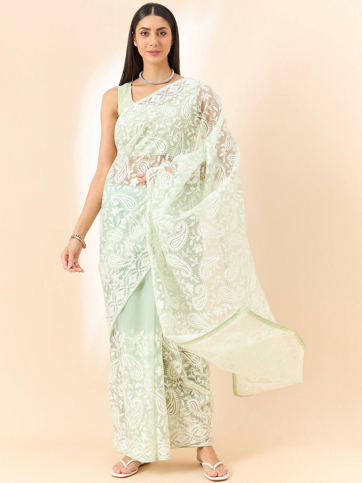 Green Organza Paisely Embroidered Saree with Unstitched Blouse Piece - Roozal | Grocsy