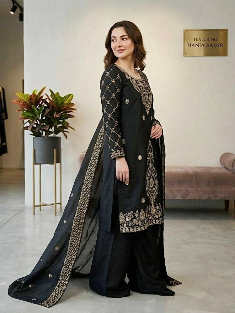 Teeya Creation Black Color Gimmychu Silk Embroidery Work Wedding Wear Salwar Suit | Grocsy
