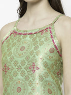 Myshka Green Jacard Printed Sleeveless Round Neck Kurta Pant Dupatta Set | Grocsy