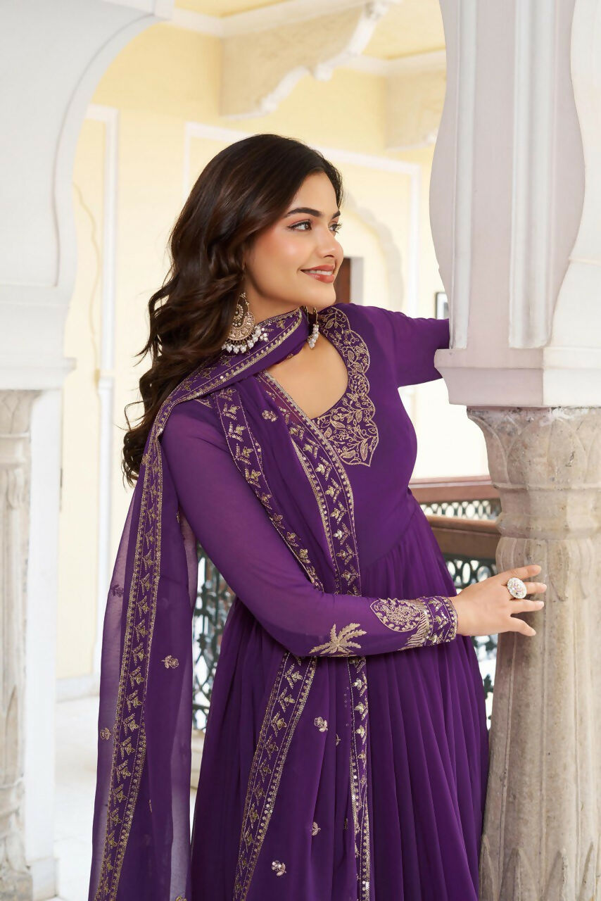 The52 Women's Gorgeous Faux Georgette Fabric Embroidery Work Flared Anarkali Pant and Dupatta Set | Grocsy