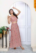 Miravan Women's Orange Floral Printed Crop Top And Skirt Co-Ord Set | Grocsy