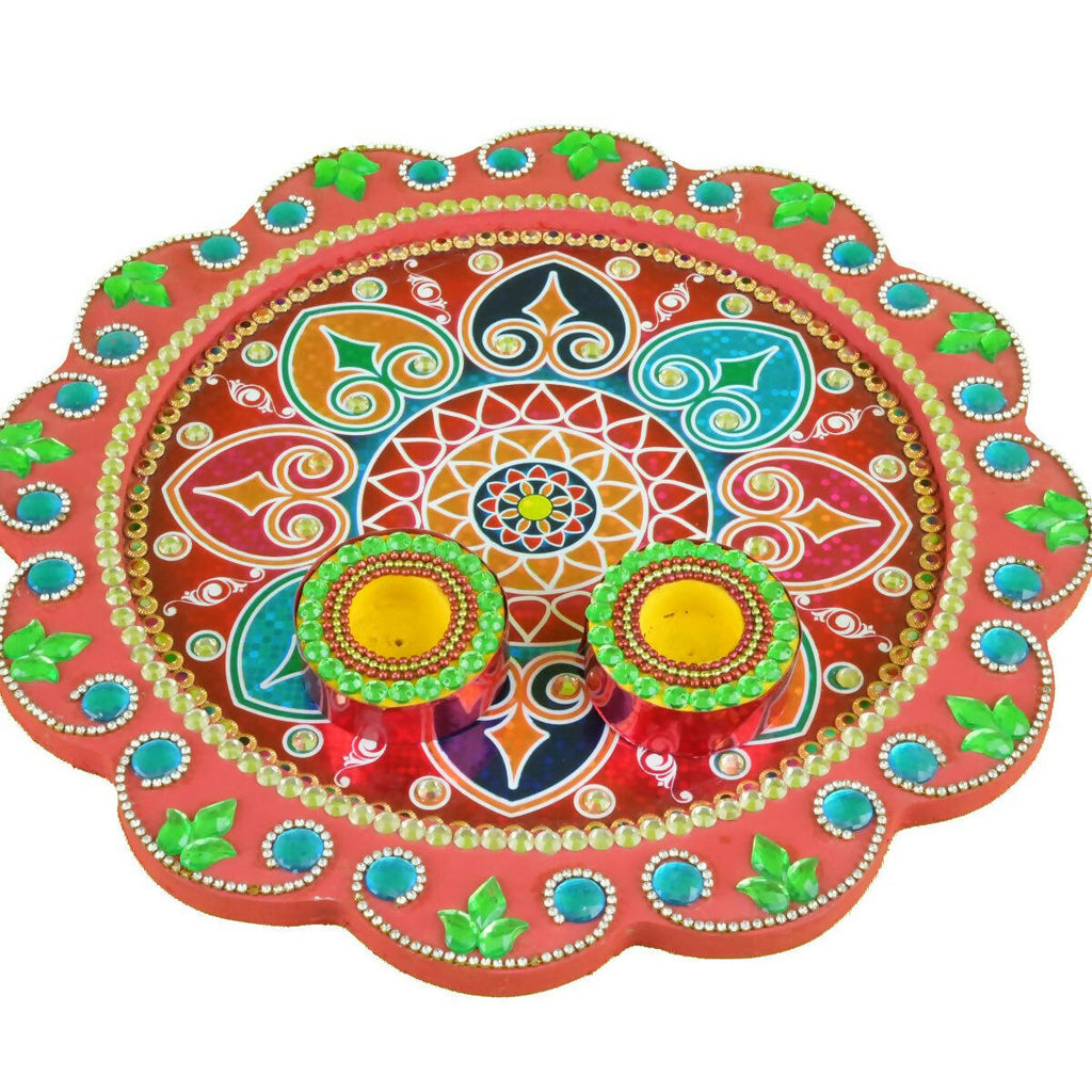 Kundan HandiKrafts Mdf Flower Pooja Thali - Red | Grocsy