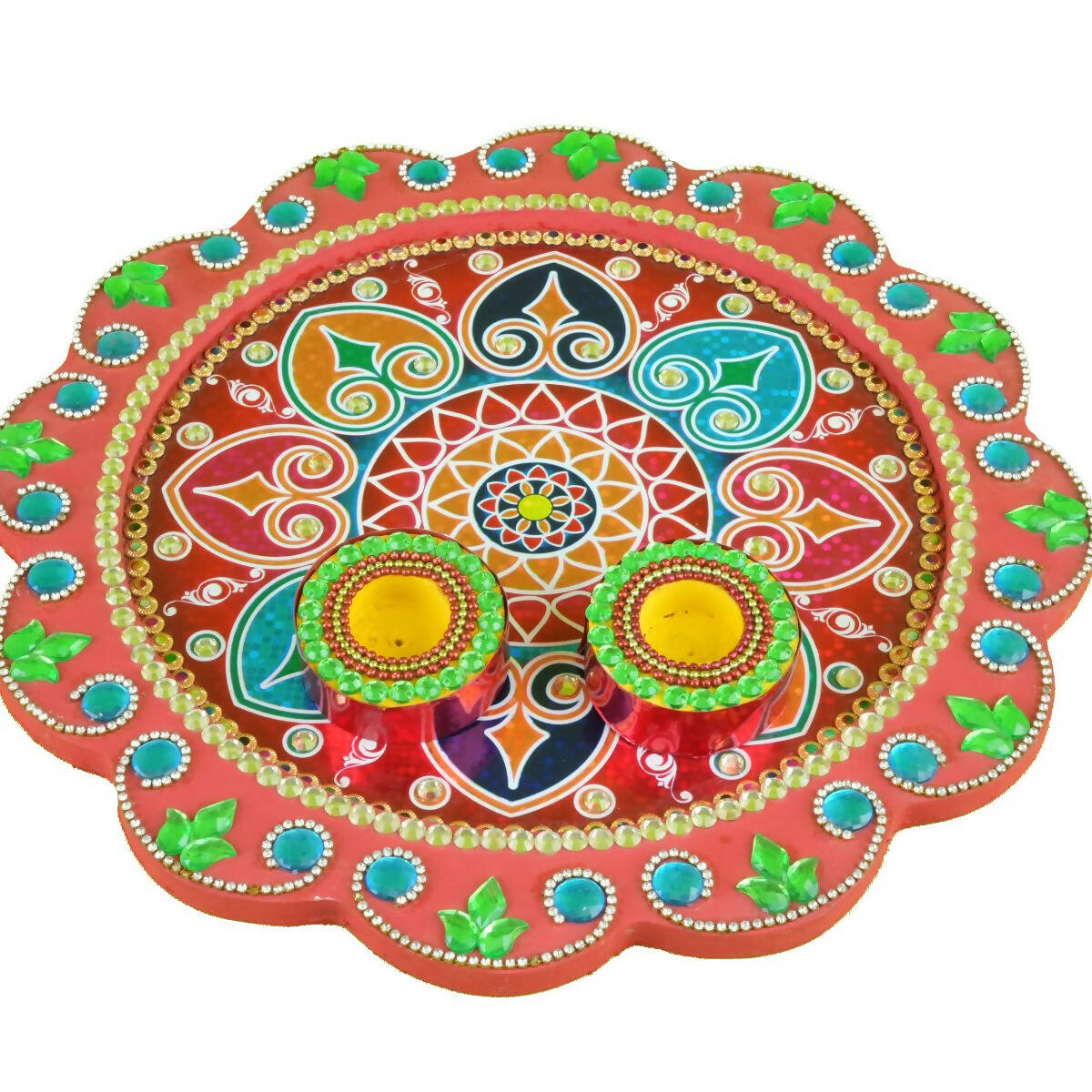Kundan HandiKrafts Mdf Flower Pooja Thali - Red | Grocsy